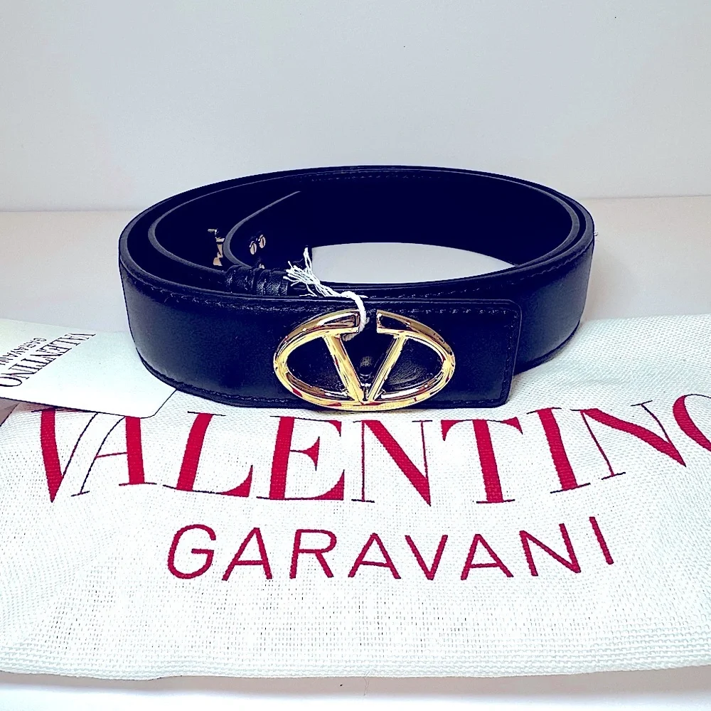 NWT Valentino Garavani Bold Edition V Logo Black Calfskin Leather Belt, Sz 80/32